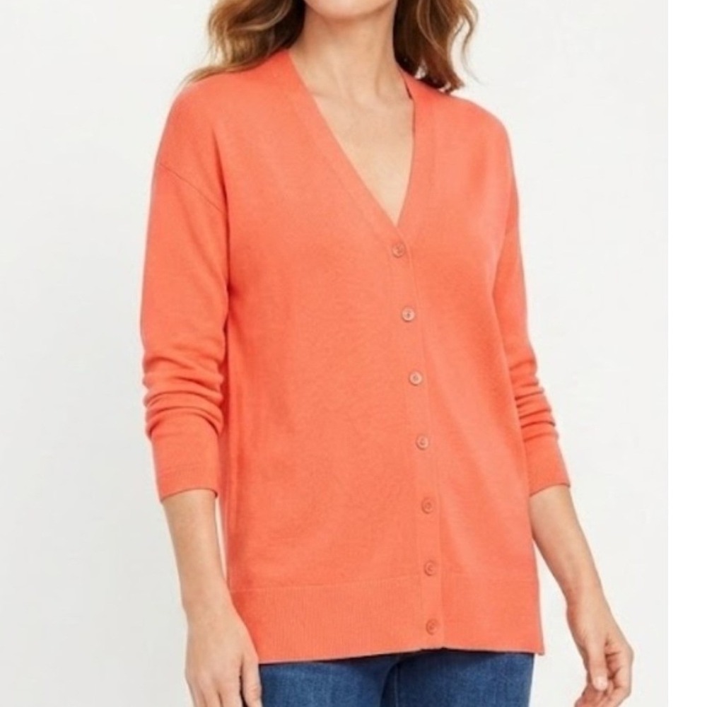 Talbots Cardigan Sweater Womens Medium Coral Pink V-Neck Button Front Longline